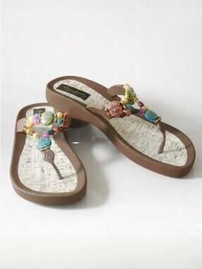 Grandco Size 6 NEW Sandals Rainbow Beaded Thong Flip Flop Brown Foam Cork
